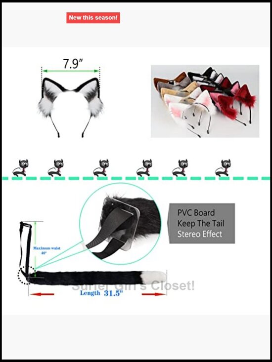 Faux Fur Cat Ears Headband and Fox Tail Set Cosplay Halloween Accessory